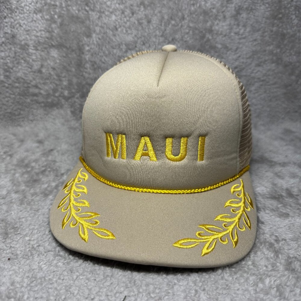 Vintage Maui Hawaii Puffy Trucker Cord Hat Snapback Cap Beige Embroidered